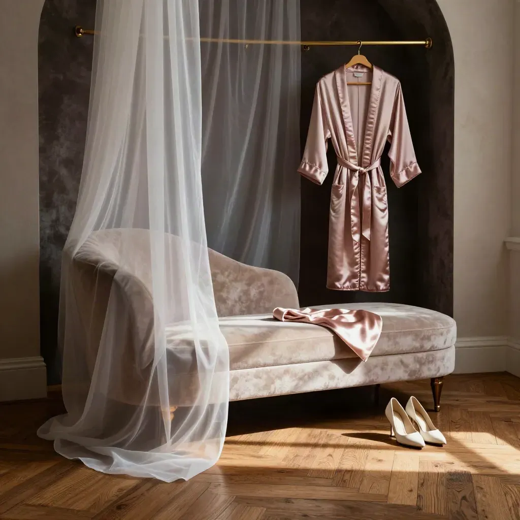 Coin boudoir discret avec chaise courbe, rideau vaporeux, robe satinée et escarpins délicats.