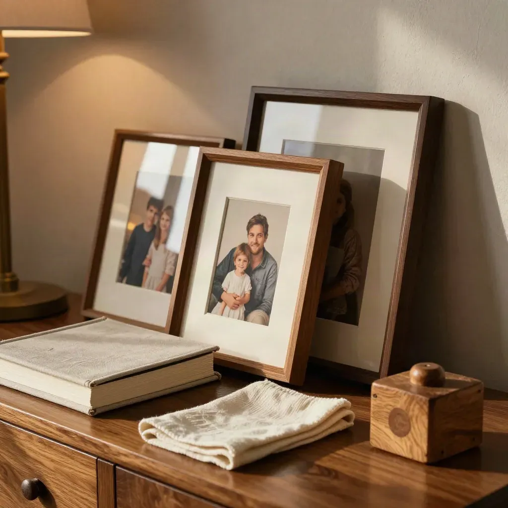 Cluster de tirages familiaux, album en lin et jouet en bois dans une lumière chaude.