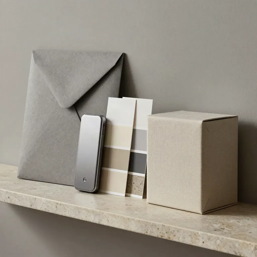 Mailer, disque externe, nuanciers et boîte de tirage scellée sur une étagère en pierre.