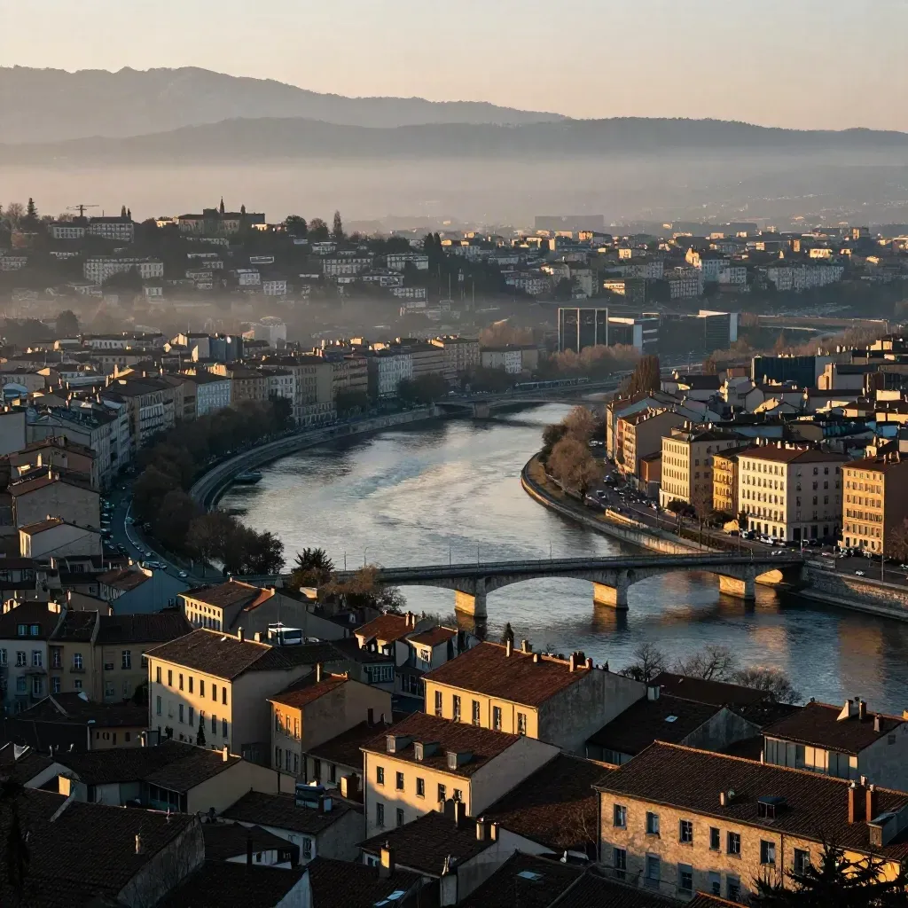 Vue dorée de Lyon et du Rhône depuis une colline, avec brume et toits en cascade.