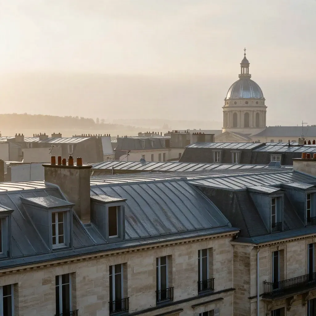 Toits parisiens dans la brume après la pluie, aurore douce sur l’Île-de-France.