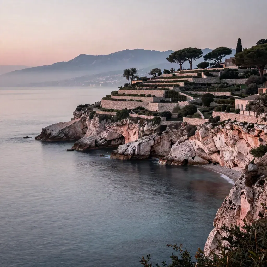 Vue côtière de Nice à l’heure bleue, terrasses en pierre et mer brumeuse, zone calme pour le texte